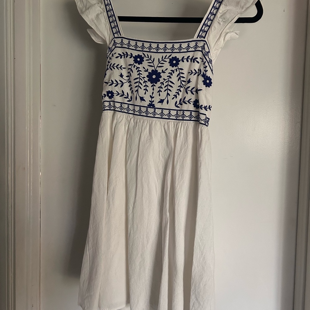 White Dress with Blue Embroidered Bodice